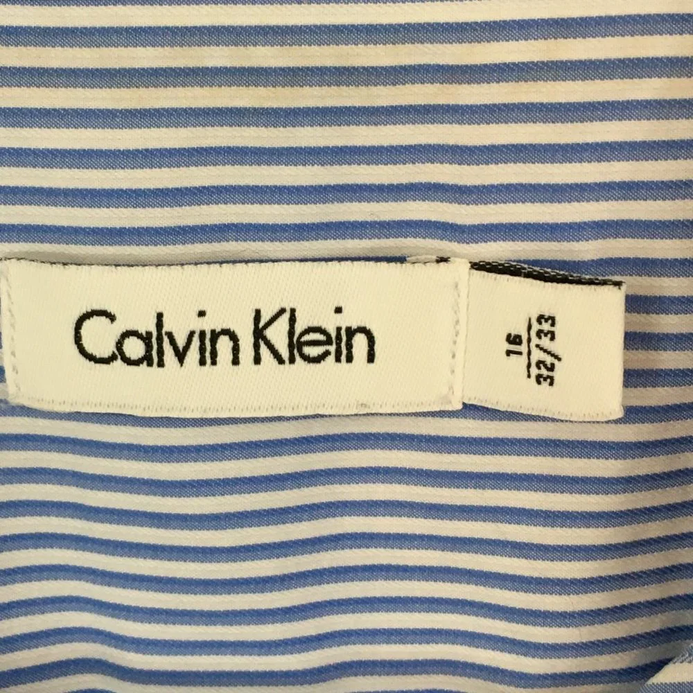 Calvin Klein Mens Blue White Pin Striped Dress Shirt, Button‎ Front 16 32/33